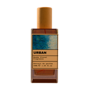URBAN Musky Floral Fragrance luxury perfume bottle with blue abstract art label and wooden cap on a transparent background