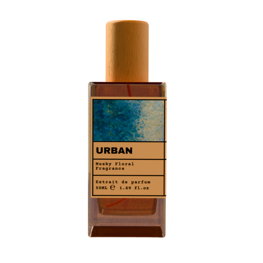 URBAN Musky Floral Fragrance luxury perfume bottle with blue abstract art label and wooden cap on a transparent background