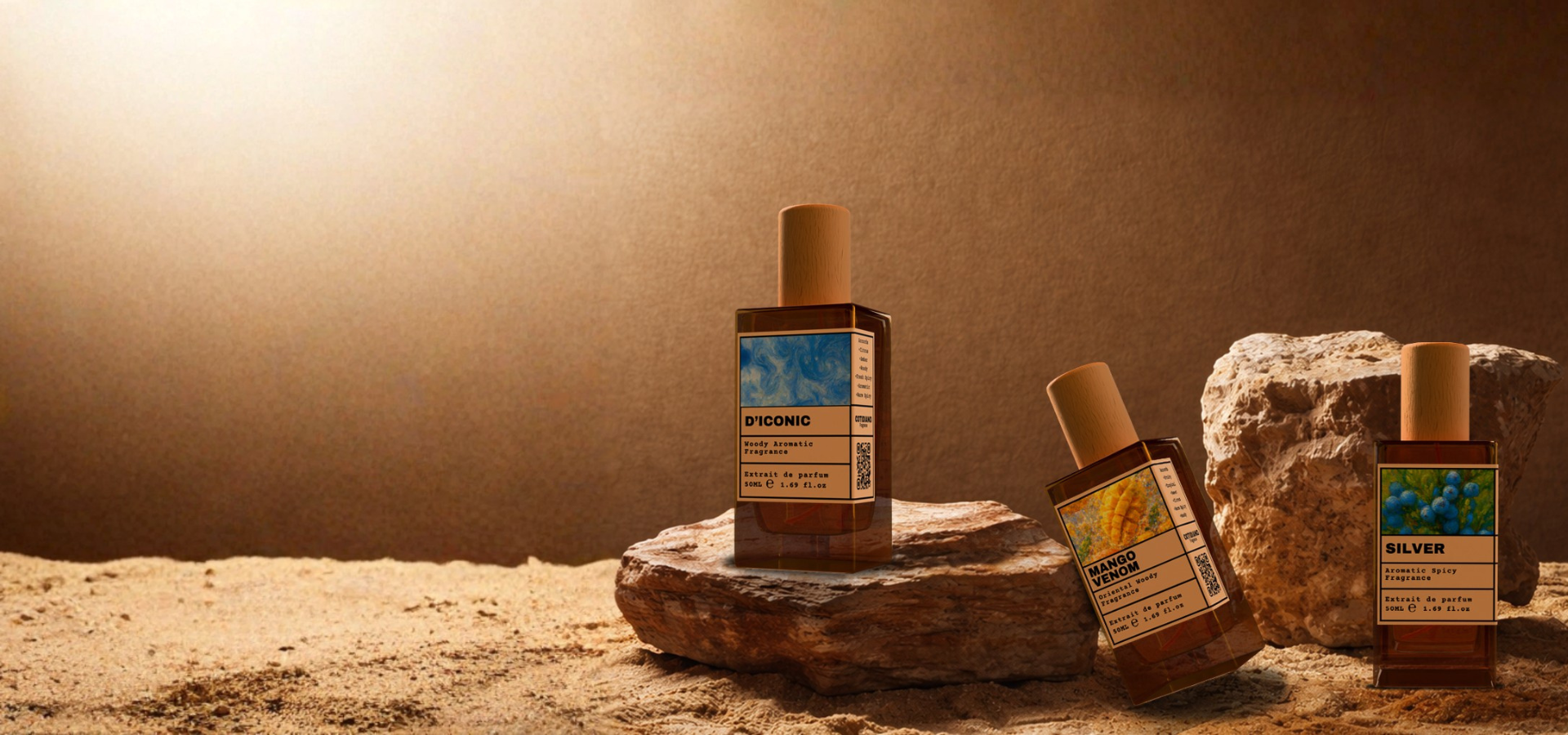 Three bottles of a product with labels on a textured surface