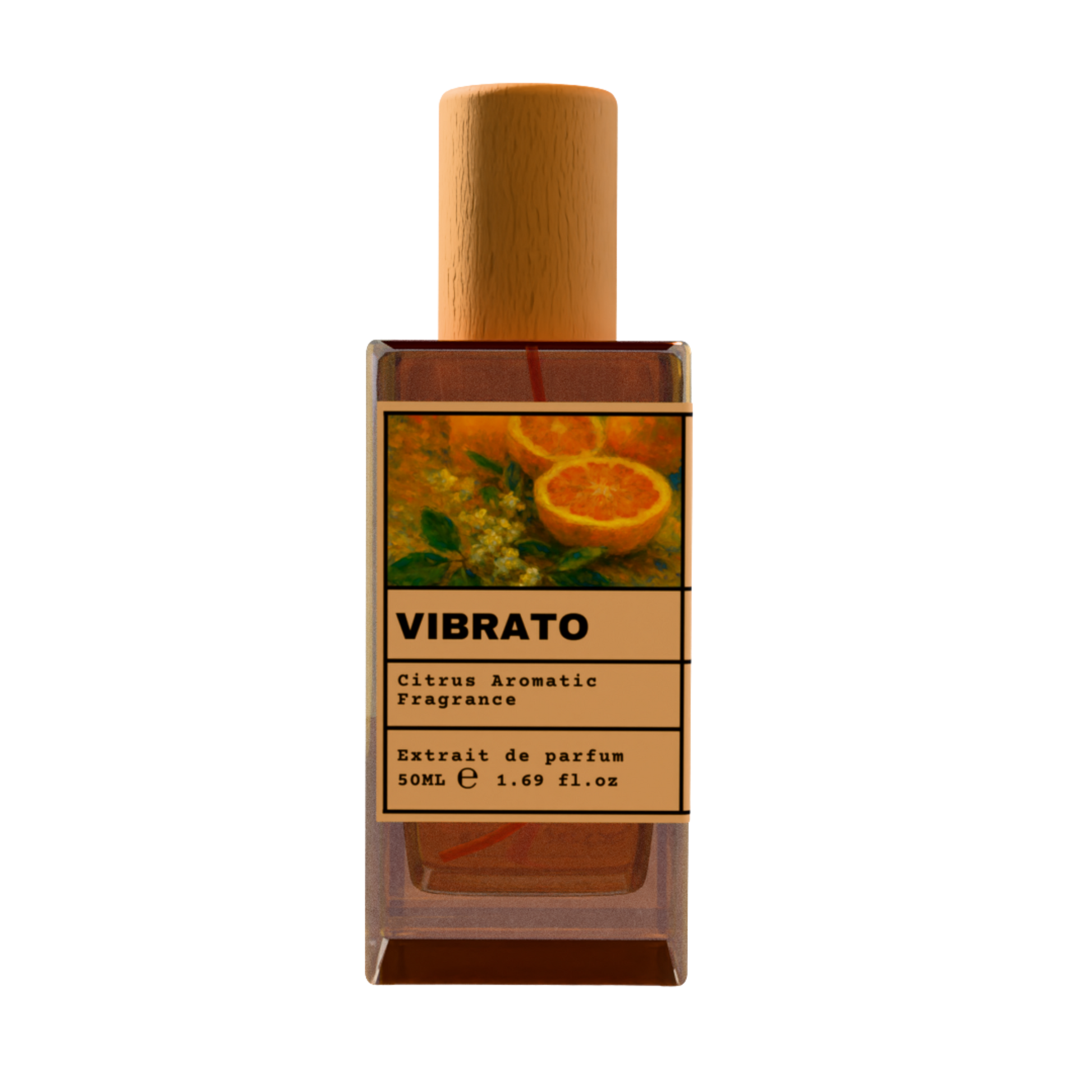 TIGER EYE Citrus Aromatic Fragrance luxury perfume bottle with orange fruit slices label design and wooden cap on a transparent background