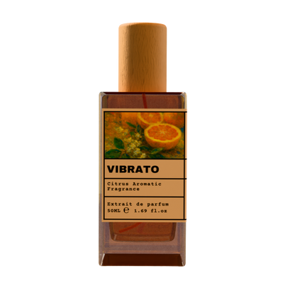 TIGER EYE Citrus Aromatic Fragrance luxury perfume bottle with orange fruit slices label design and wooden cap on a transparent background